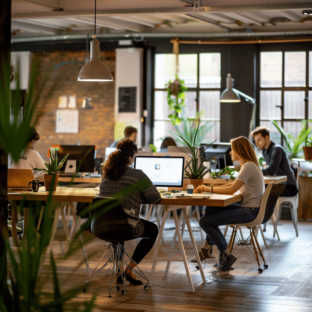 A Group Of People Working Together In An Office